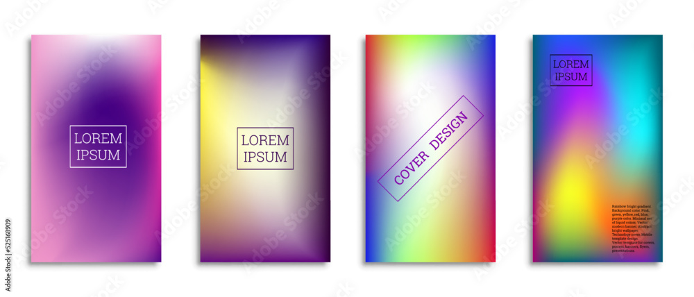 Bright gradient background for the cover. Set of 4 covers. Creative modern vector illustration. Holographic spectrum. Bright gradient background for the cover. Set of 4 covers. Creative modern vector illustration. Holographic spectrum.