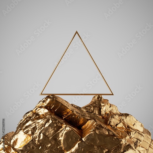 3d rendering, abstract geometric background with gold triangle frame on the top of the golden rock, showcase scene for product presentation. Aesthetic minimalist wallpaper
