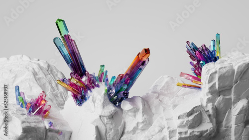 3d rendering, abstract background with colorful iridescent crystals growing on white rock, chalk stone