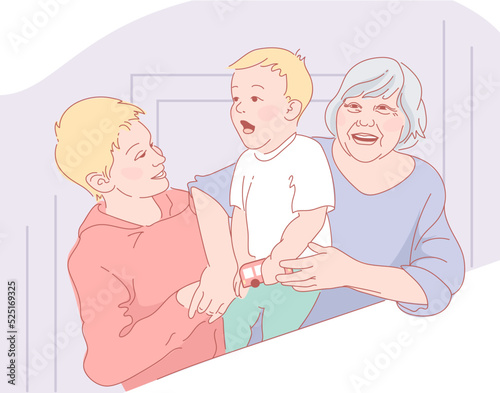 Grandmother and grandchildren hug and laugh. Loving family, generational relationships. National Grandparents Day. Siblings, children of all ages. For posters, postcards, articles, flyers, books.