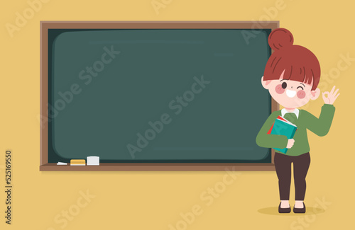 Hand drawn cartoon teacher teaching at blackboard in the classroom background.
