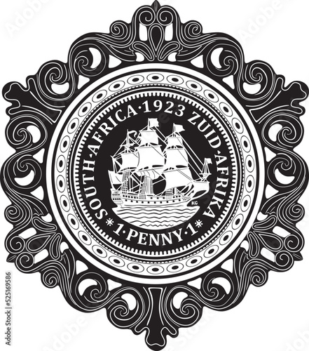 South africa coin one penny with sailboat and vintage frame vector design