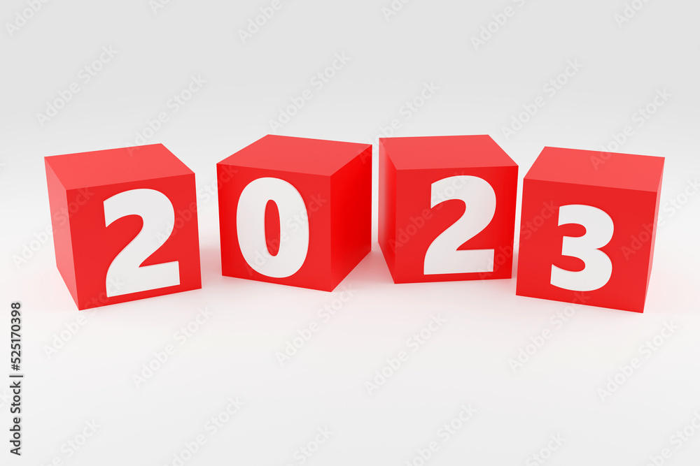 Bright red boxes style Christmas mood sign 2023 Modern Minimal New Year Concept- 3D render Illustration