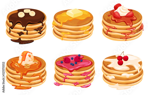 Homemade Pancakes with Jams. A delicious hearty breakfast. Fried pancakes. Vector illustration