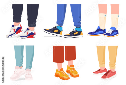 A set of legs wearing sneakers. Modern fashionable comfortable shoes. Vector illustration