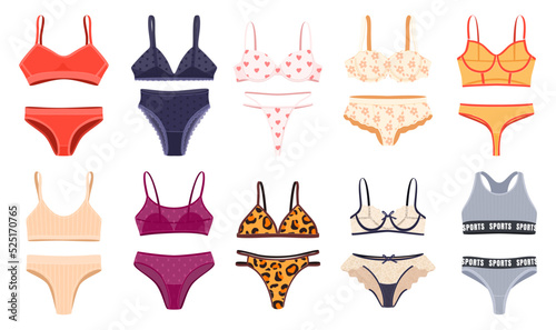 A set of beautiful women underwear. Bras and panties. Vector illustration