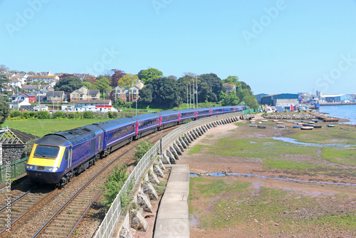 Train on the coastal railway line at Teignmouth, Devon 