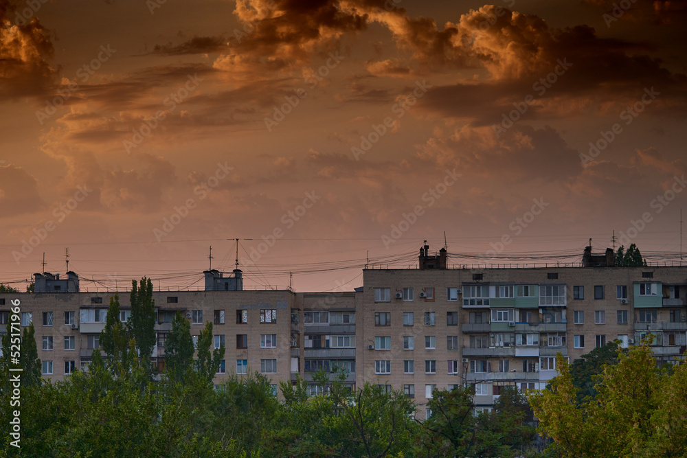 Soviet architecture at sunset, Ukraine