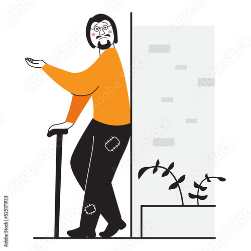 Poor man in dirty rags in hand begging.Homeless and jobless beggar male.Street beggar.The guy begs for alms.Doodle man face.Hand-drawn people.