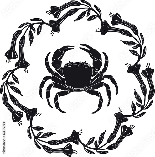 crab fish logo with floral frame vector design