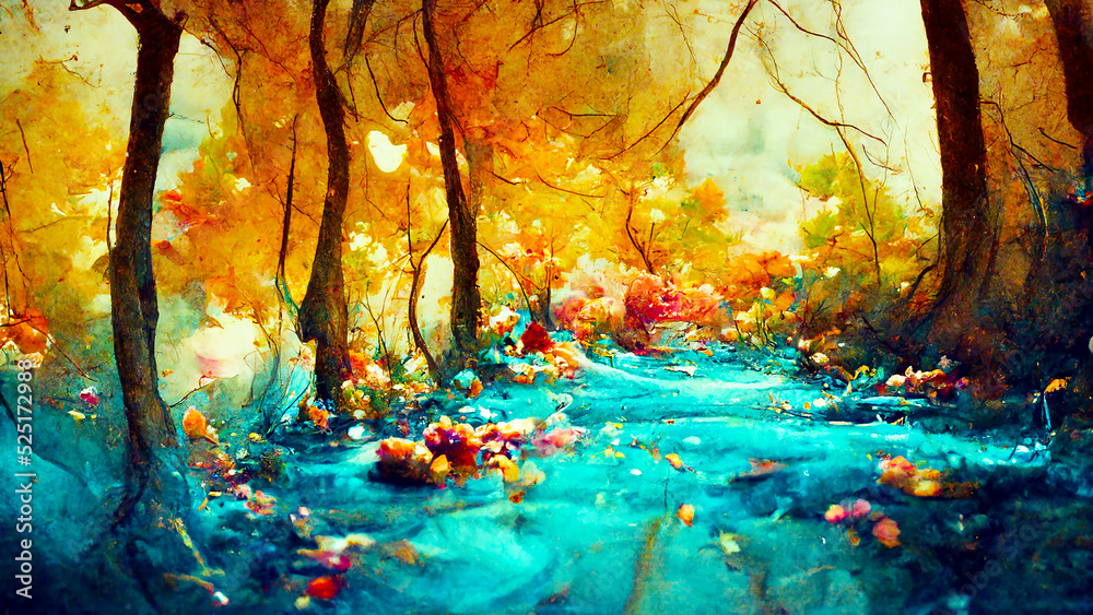 fantasy forest autumn watercolor, generative ai