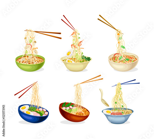 Bowls of noodles and chopsticks set. Traditional Asian ramen soup with meat and vegetables cartoon vector illustration