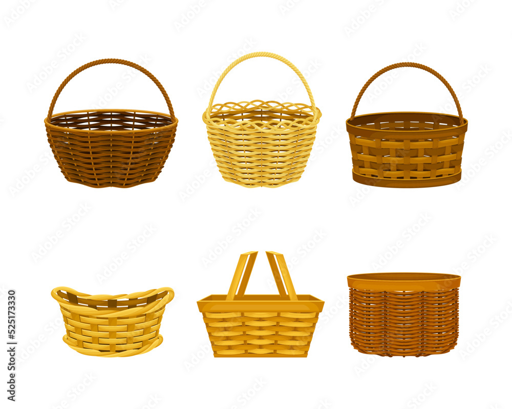 Wicker baskets set. Traditional willow basket for picnic, Easter cartoon vector illustration
