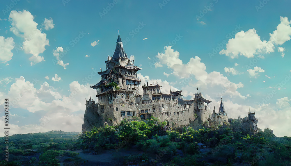 Fantasy castle drawing, digital art, digital painting. European castles.