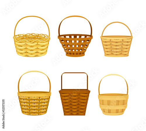 Empty wicker baskets set. Traditional picnic willow basket cartoon vector illustration
