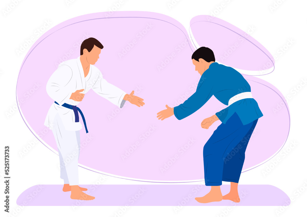 Athlete judoist, fighter in a duel, fight. Judo sport, martial art. Flat style. Athlete judoist, fighter in a duel, fight. Judo sport, martial art. Flat style.