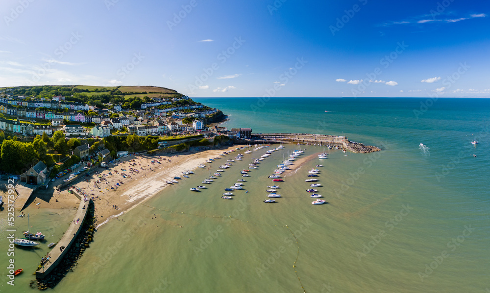 Panoramic view of the holiday resort town of New Quay on the West Wales coast in mid summer