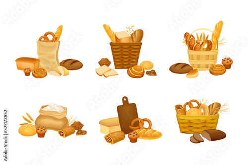 Set of bakery products and bread assortment. Loaf and whole grain bread, baguette, bun, pretzel in wicker baskets cartoon vector illustration
