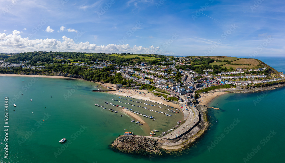 Panoramic aerial view of the colorful Welsh seaside town of New Quay