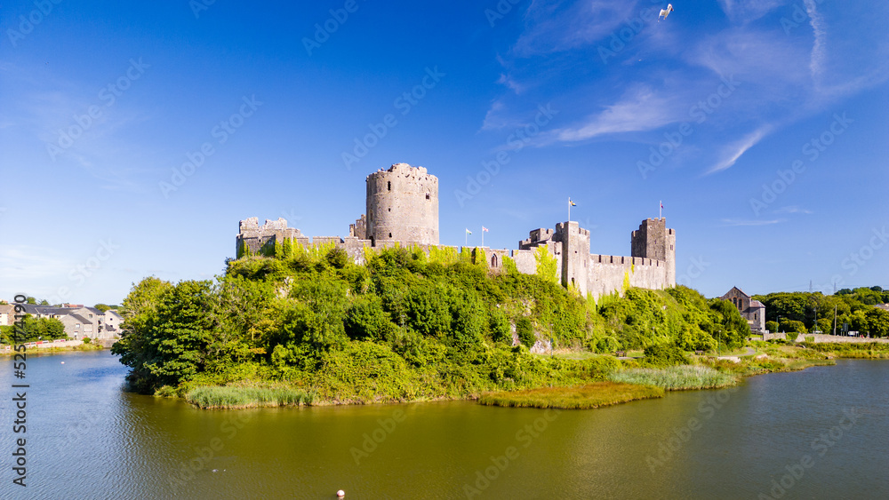 Aerial view of the ruins of historic Pembroke Castle in West Wales