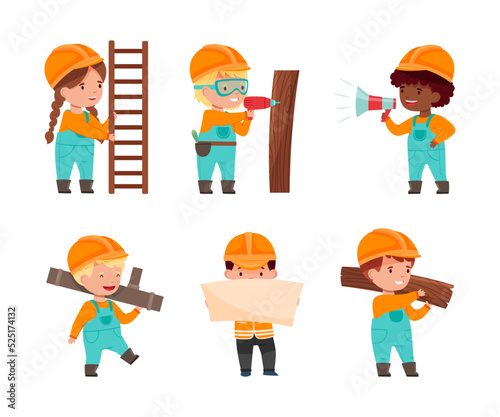 Collection of cute little builders in overalls and safety hats carrying ladder, drilling, shouting on loudspeaker and holding blank banner cartoon vector illustration