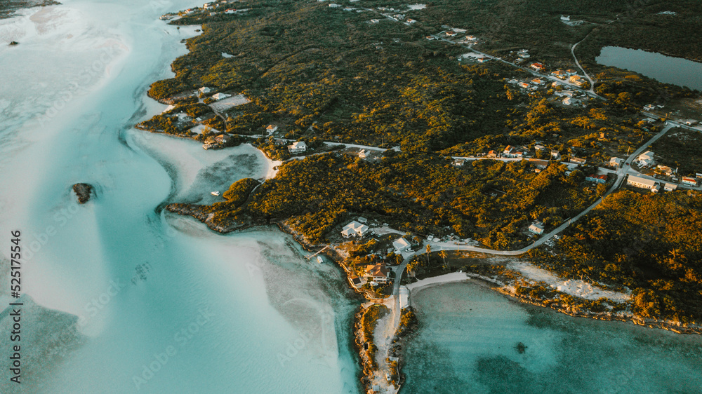 Aerial view of small town on Grand Exuma, Bahamas
