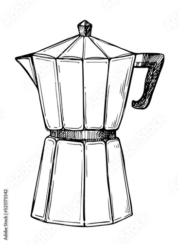 Traditional coffee maker freehand pencil drawing isolated on white background vector illustration. Cafe or restaurant menu design. Retro manual coffee maker, espresso pot sketch in vintage style.