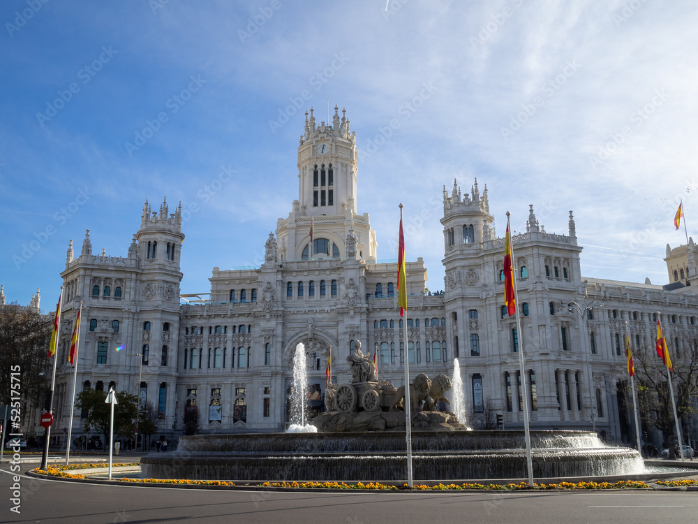 Cibeles fountain and the Palacio de Comunicaiones building, with no traffic in the square, Madird