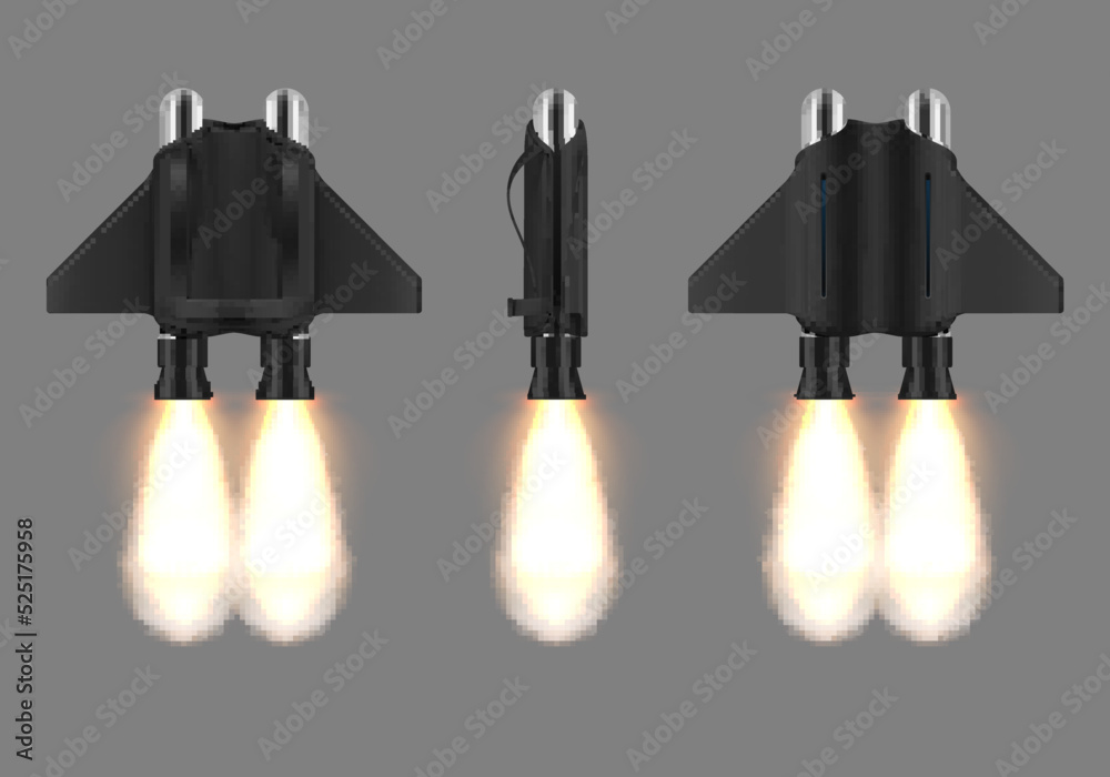 Jetpack launching fire flame futuristic device for flying front side back view set realistic
