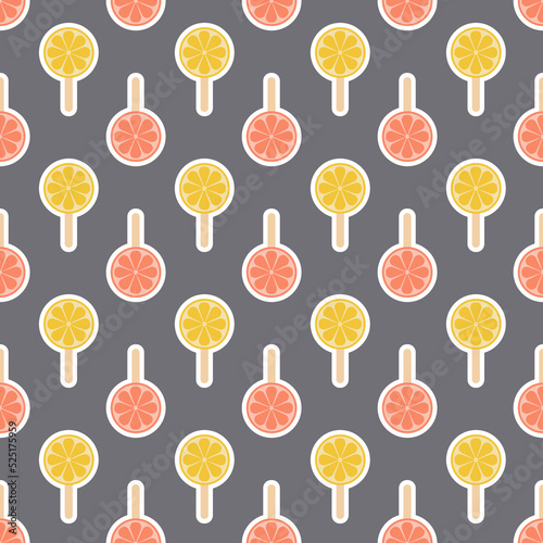 Yellow pink citrus fruit ice lollipop dark seamless pattern