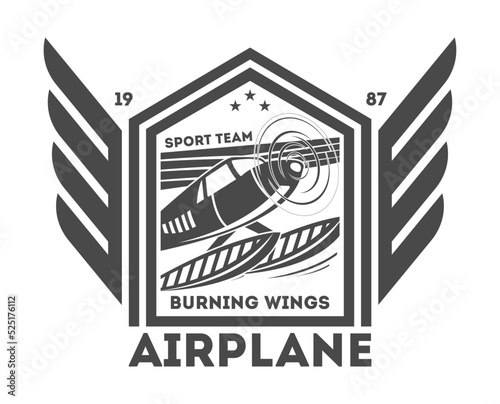 Airplane vintage isolated label vector illustration. Wind riders show and best pilot symbols. Airplane academy and flying club sign. Air travel and plane tours logo. Airplane shool logo template