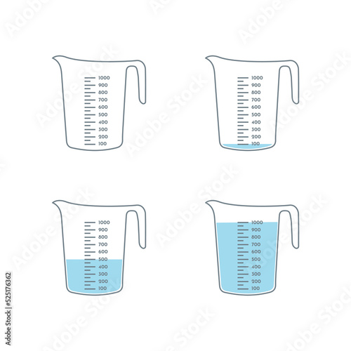 Kitchen measuring cups with various amount of liquid.  Beaker for chemical experiments in the laboratory. Vector illustration
