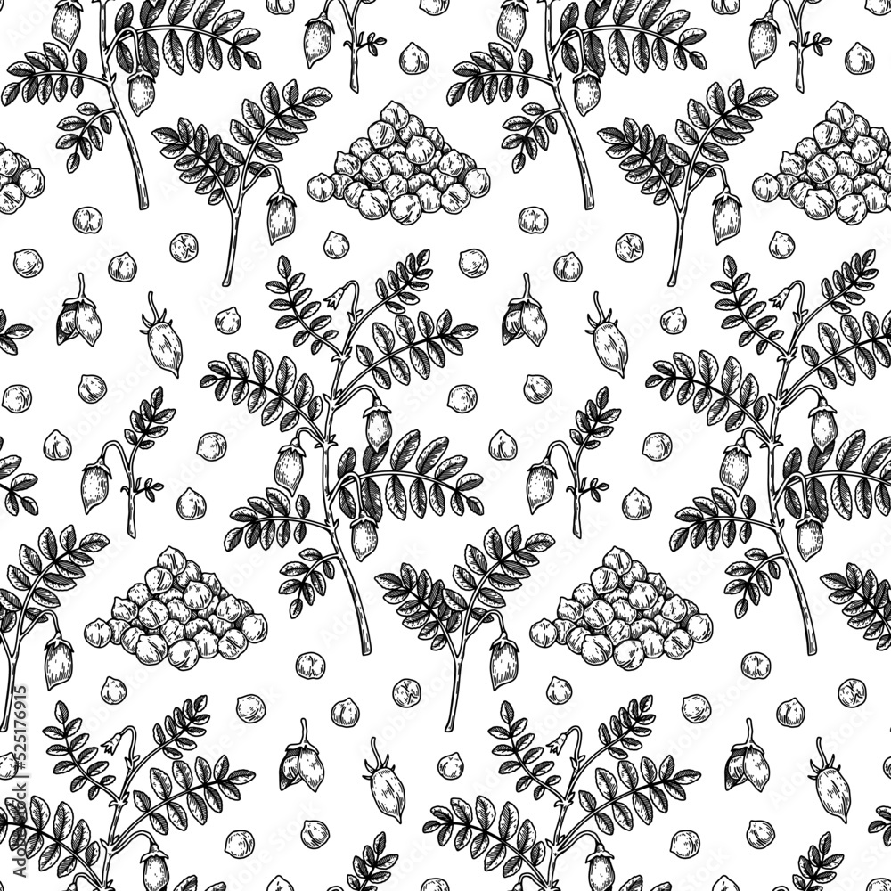 Fototapeta premium Hand drawn chickpeas seamless pattern. Vector illustration in sketch style