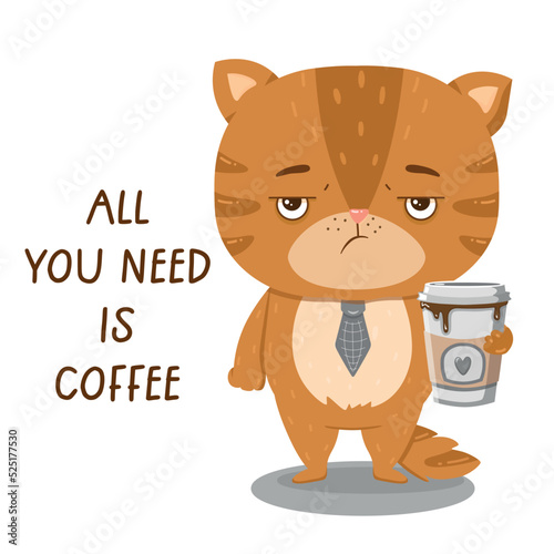 Grumpy cat with a cup of coffee, office worker on Monday. Postcard with funny inscription in vector.