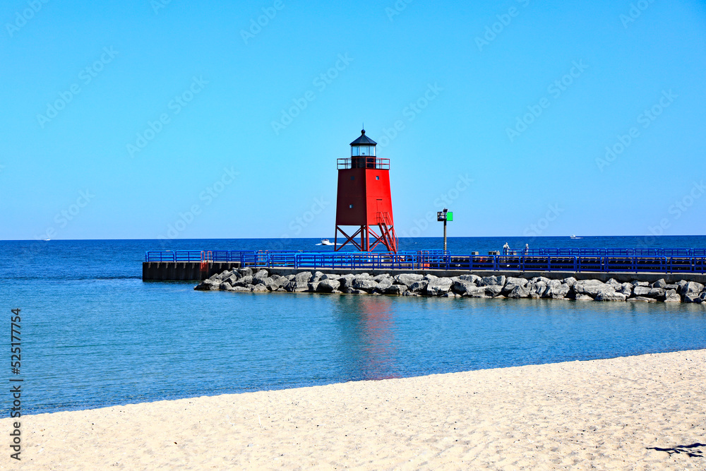 The red lighthouse in Charlevoix, Michigan is on Lake Michigan.