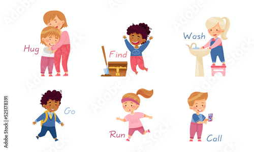 Funny Kids Engaged in Different Activities Demonstrating Verb Vector Set
