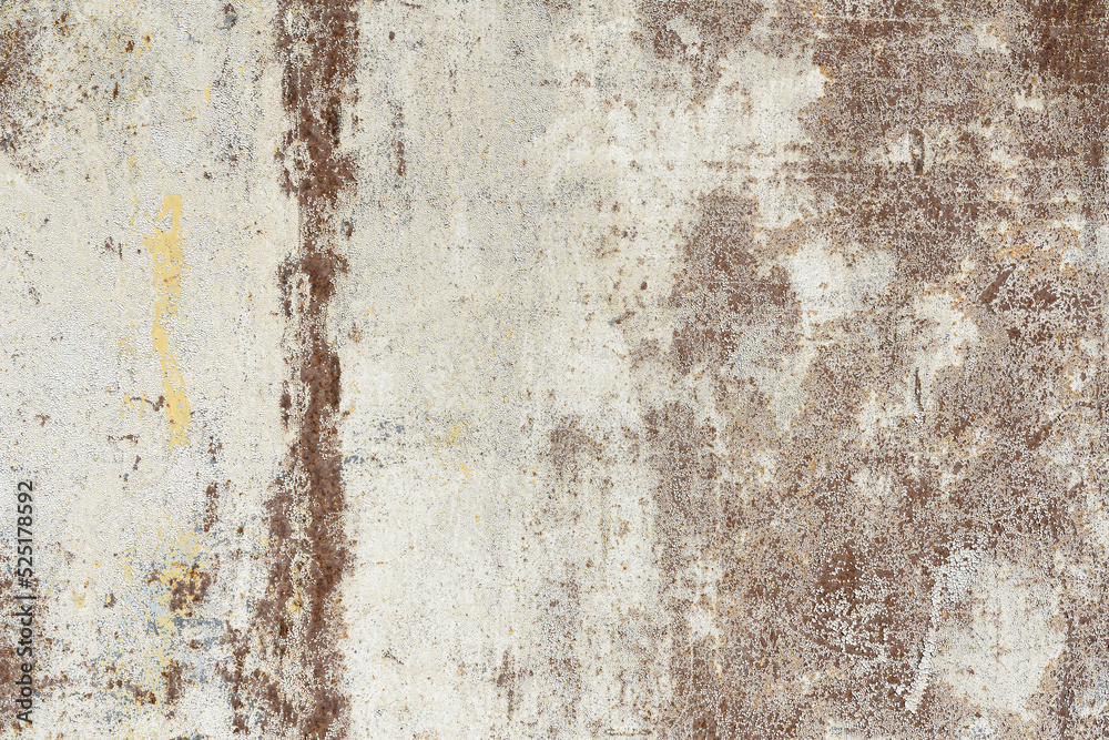 Fototapeta premium Fragment of an old rusty iron wall with cracked and yellowed white paint. There is a vertical strip of corrosion at the junction of the metal sheets. Background. Texture. Grunge.
