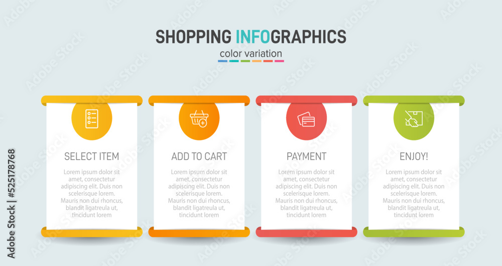 Fototapeta premium Concept of shopping process with 4 successive steps. Four colorful graphic elements. Timeline design for brochure, presentation, web site. Infographic design layout.