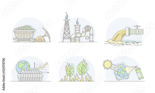 World Resources with Coal Mining, Gas and Global Warming Line Vector Set