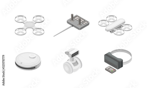 Robotic Technology with Electronic Equipment and Artificial Intelligence Like Drone and Game Controller Isometric Vector Set