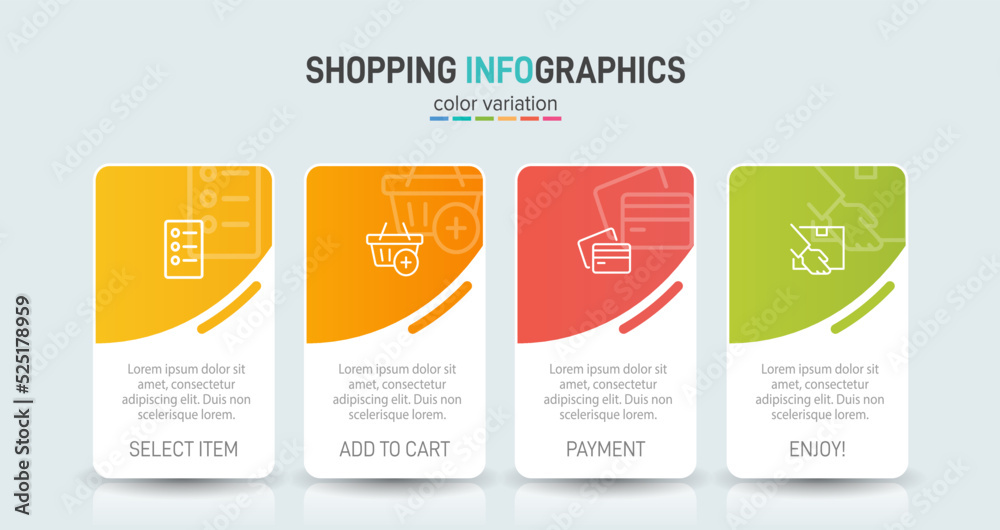 Obraz premium Concept of shopping process with 4 successive steps. Four colorful graphic elements. Timeline design for brochure, presentation, web site. Infographic design layout.