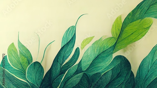 Green plant and leafs pattern. Pencil, hand drawn natural illustration. Simple organic plants design. Botany vintage graphic art. 4k wallpaper, background. Simple, minimal, clean design.