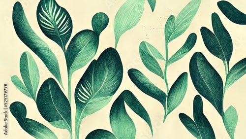 Green plant and leafs pattern. Pencil, hand drawn natural illustration. Simple organic plants design. Botany vintage graphic art. 4k wallpaper, background. Simple, minimal, clean design.