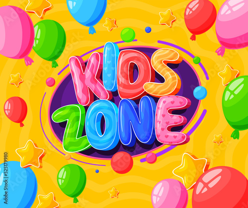 Kids zone banner. Colorful fun font. Bright children inscriptions. Convex shiny letters. Vector illustration