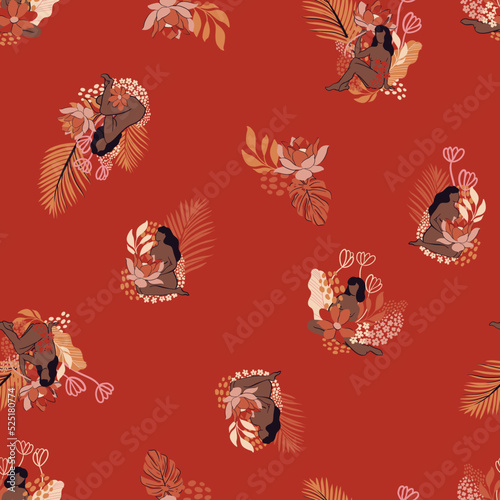 Vector woman with frame of flower and leaves, paper art style