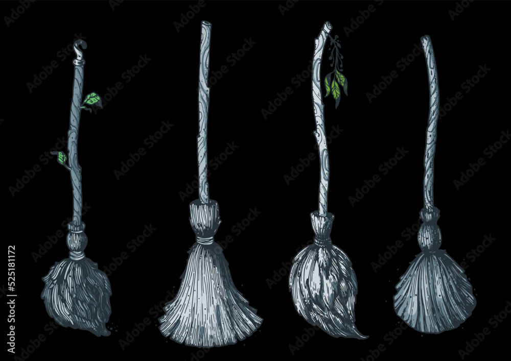 Witch's broom collection. Hand drawn vector illustration. Broom magic