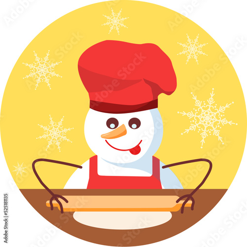 Joyful snowman in red chef hat rolls out the dough.