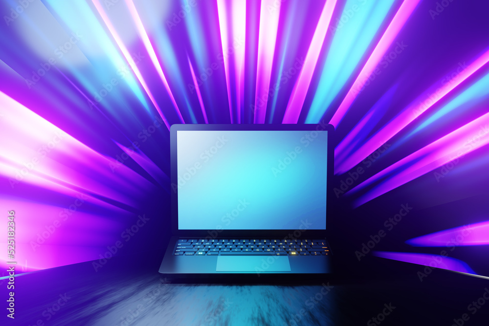 3D illustration rendering. Black Laptop computer blank screen in blue pink light speed effect 3D illustration rendering. Black Laptop computer blank screen in blue pink light speed effect