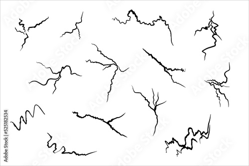 Thunderstorm and lightning. Lots of cracks. A collection of various black lightning bolts. Cracked earth. Vector illustration of natural phenomena on a white background hand-drawn.