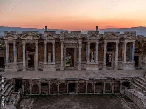 Amphitheater in the ancient city of Hierapolis in the afternoon. Unesco Cultural Heritage Monument. Pamukkale, Turkey 15.07.2022